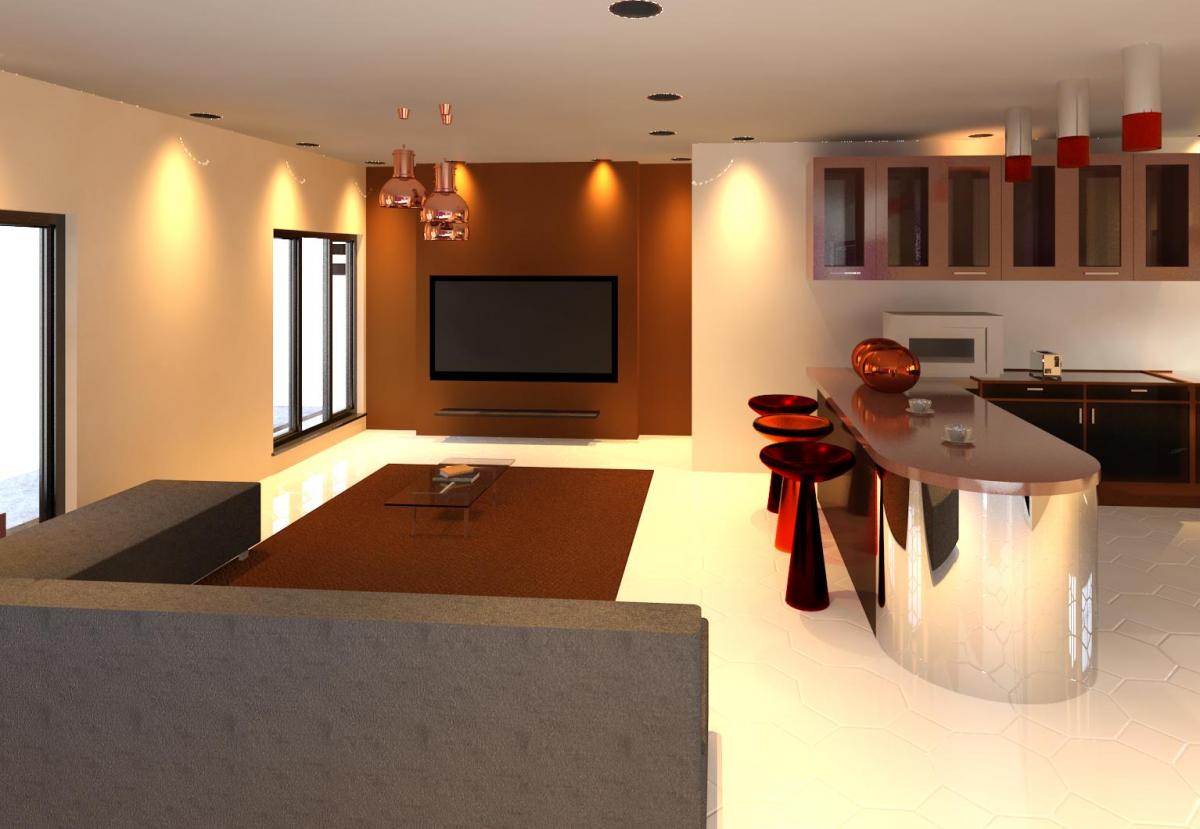 lounge, breakfast nook and kitchen