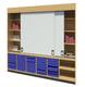 Sliding white Board with trays below 2400wx 500d x 2400h