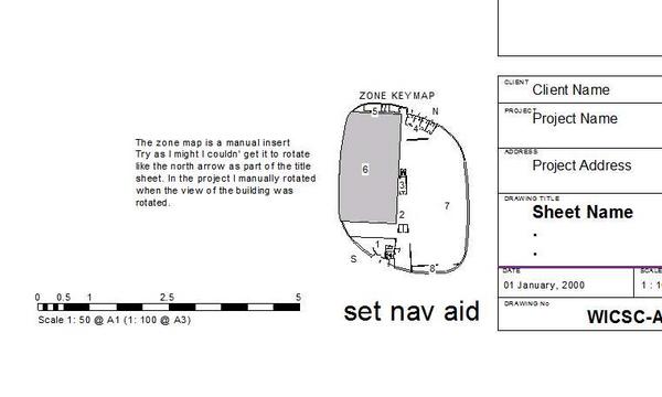 Title sheet w zone map, scale bar, rotating north arrow